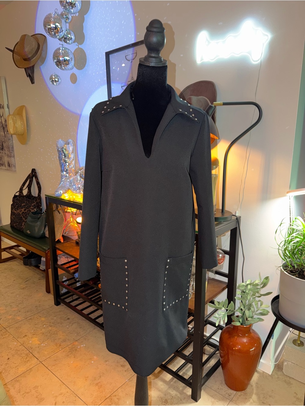ZARA Stud-Trim Black Long Sleeve Shift Dress
